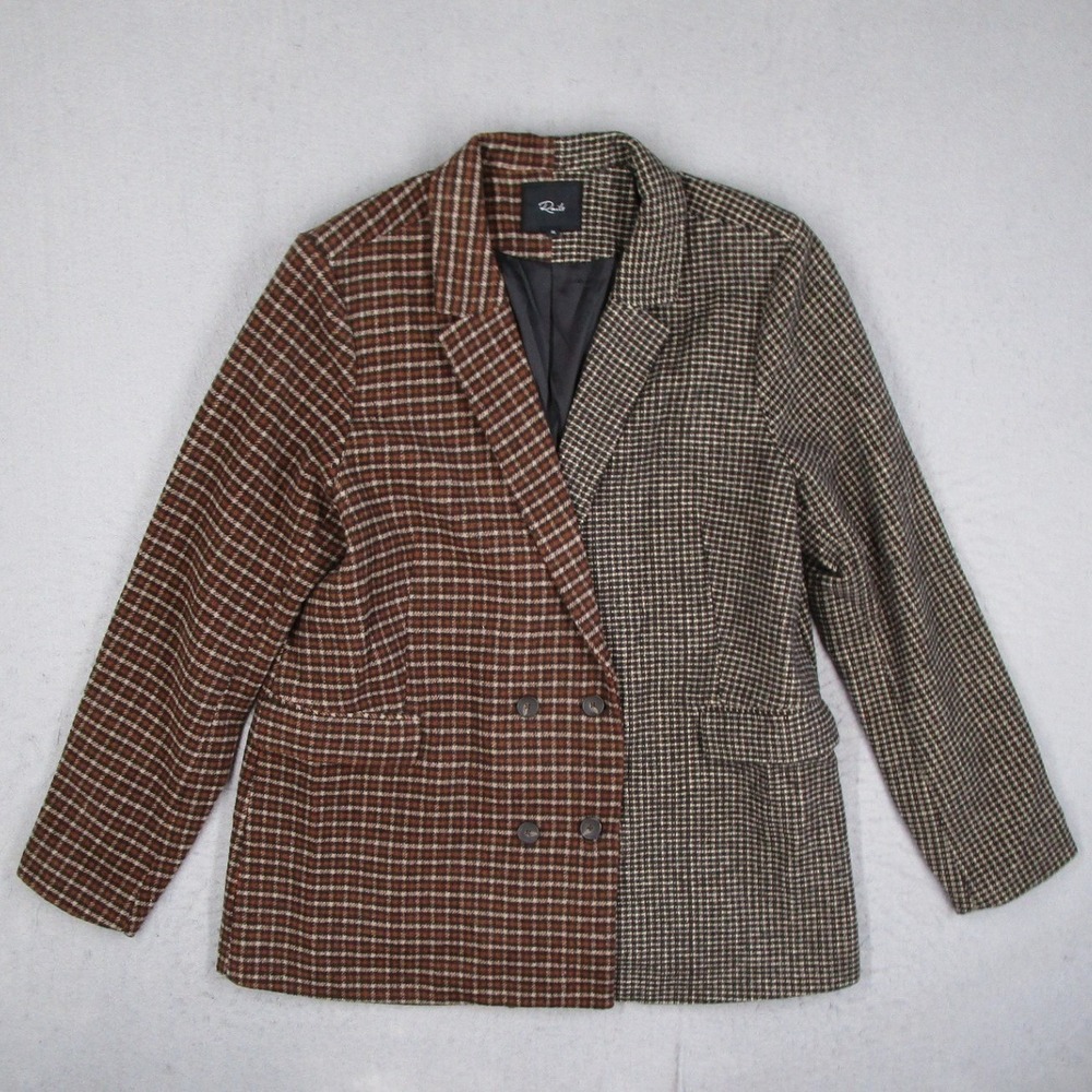 Rails Cody Mixed Mini Check Blazer Brown Tan Houndstooth Double Breasted XL